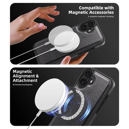 For iPhone 16 Plus Magnetic Case Leather Back Phone Cover with Detachable Card Bag