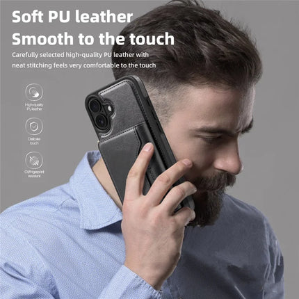 For iPhone 16 Plus Magnetic Case Leather Back Phone Cover with Detachable Card Bag
