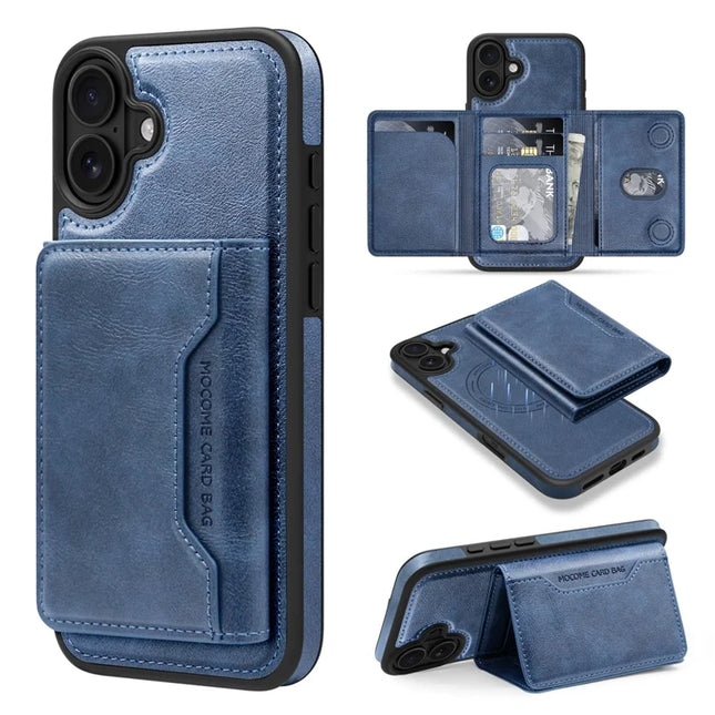 For iPhone 16 Plus Magnetic Case Leather Back Phone Cover with Detachable Card Bag - Sapphire