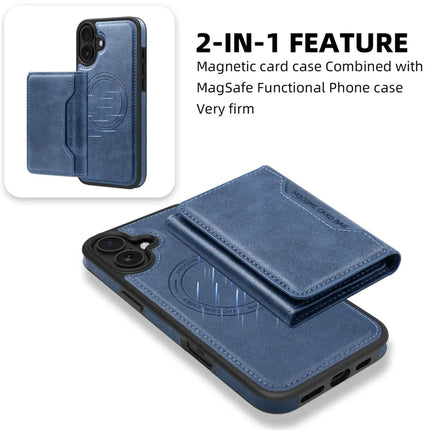 For iPhone 16 Plus Magnetic Case Leather Back Phone Cover with Detachable Card Bag
