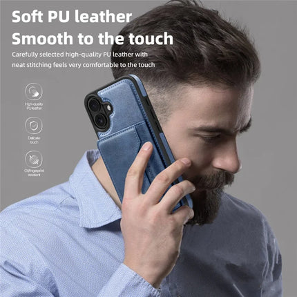 For iPhone 16 Plus Magnetic Case Leather Back Phone Cover with Detachable Card Bag