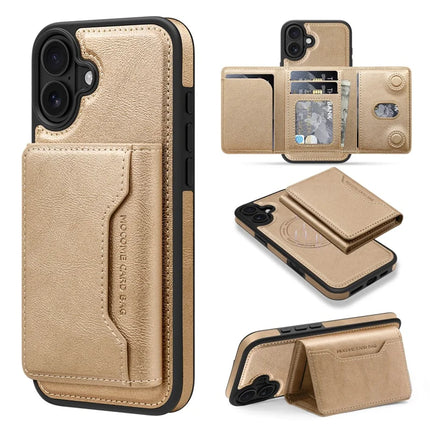 For iPhone 16 Plus Magnetic Case Leather Back Phone Cover with Detachable Card Bag - Gold