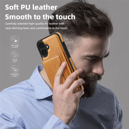 For iPhone 16 Plus Magnetic Case Leather Back Phone Cover with Detachable Card Bag