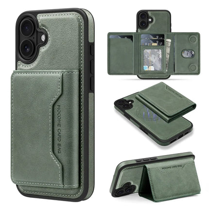 For iPhone 16 Plus Magnetic Case Leather Back Phone Cover with Detachable Card Bag - Blackish Green