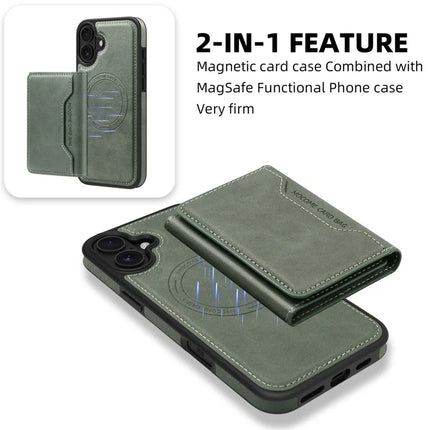 For iPhone 16 Plus Magnetic Case Leather Back Phone Cover with Detachable Card Bag