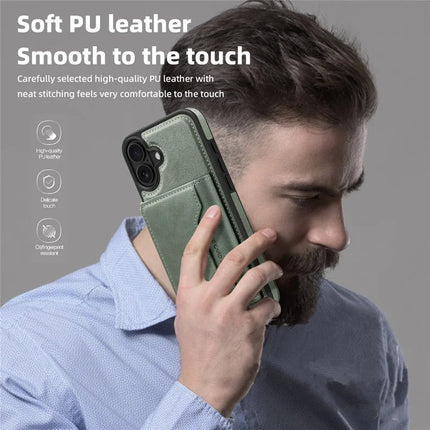 For iPhone 16 Plus Magnetic Case Leather Back Phone Cover with Detachable Card Bag