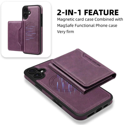 For iPhone 16 Plus Magnetic Case Leather Back Phone Cover with Detachable Card Bag