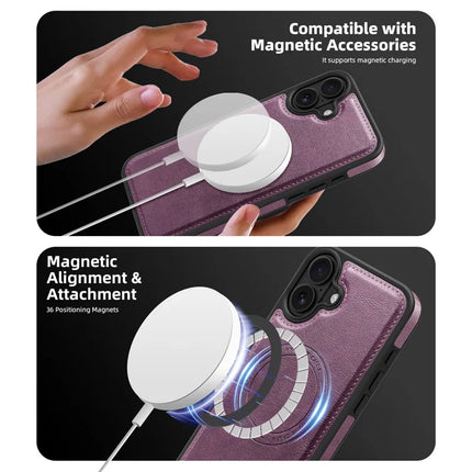 For iPhone 16 Plus Magnetic Case Leather Back Phone Cover with Detachable Card Bag