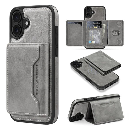 For iPhone 16 Plus Magnetic Case Leather Back Phone Cover with Detachable Card Bag - Titanium Grey