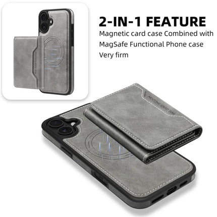 For iPhone 16 Plus Magnetic Case Leather Back Phone Cover with Detachable Card Bag