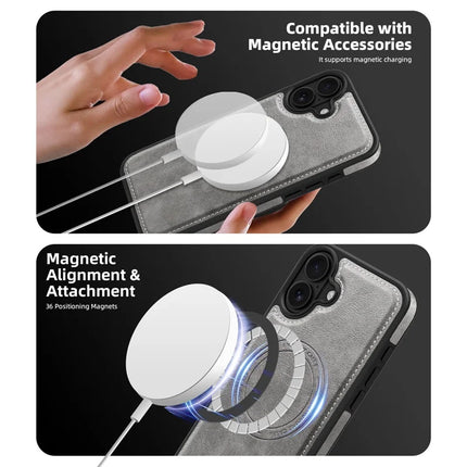 For iPhone 16 Plus Magnetic Case Leather Back Phone Cover with Detachable Card Bag