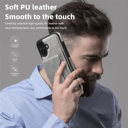 For iPhone 16 Plus Magnetic Case Leather Back Phone Cover with Detachable Card Bag