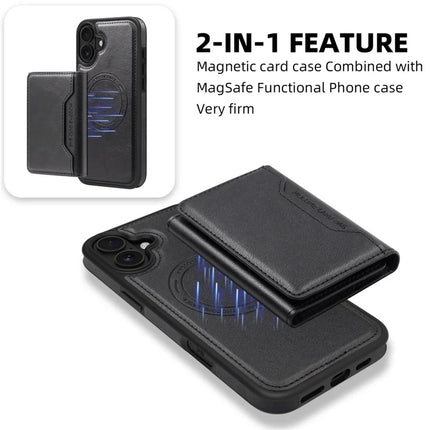 For iPhone 16 Magnetic Case Leather Back Phone Cover with Detachable Card Bag