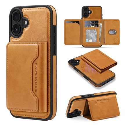 For iPhone 16 Magnetic Case Leather Back Phone Cover with Detachable Card Bag - Brown