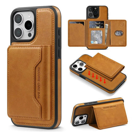 For iPhone 16 Pro Magnetic Case Leather Back Phone Cover with Detachable Card Bag - Brown