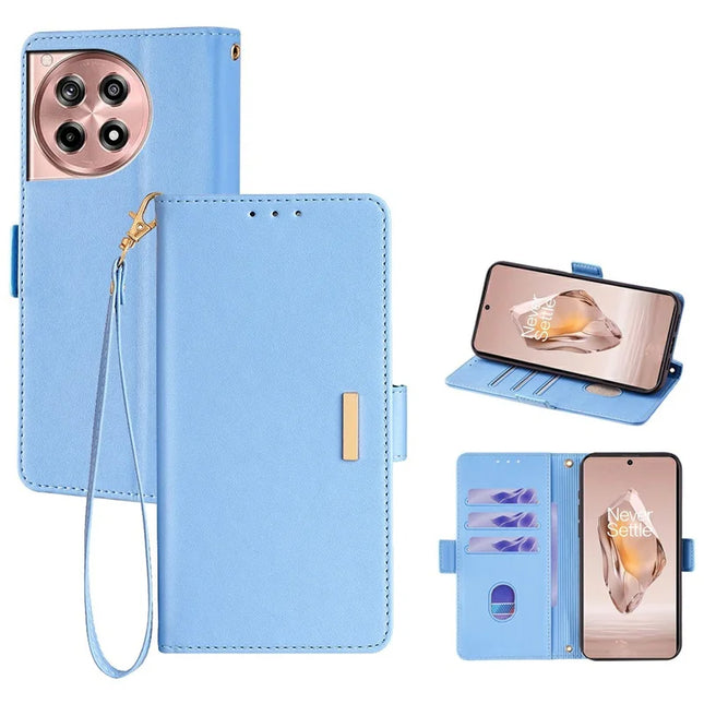 For OnePlus Ace 3 5G  /  12R 5G Leather Wallet Case RFID Blocking Stand Cover with Hand Strap - Blue