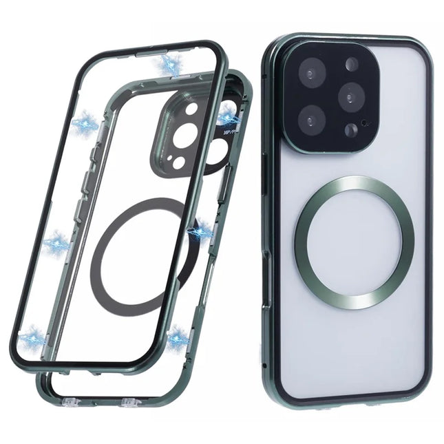 For iPhone 16 Pro Case Double Sides Tempered Glass Phone Cover Compatible with MagSafe Full Protector - Green