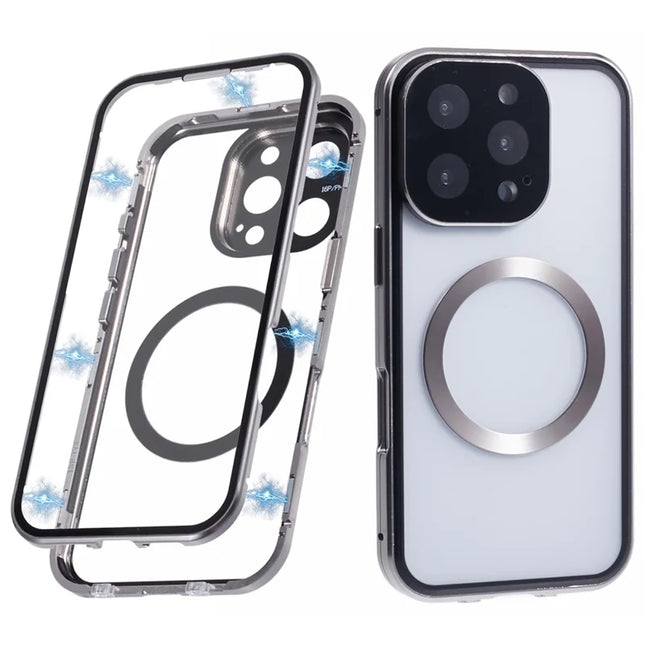 For iPhone 16 Pro Case Double Sides Tempered Glass Phone Cover Compatible with MagSafe Full Protector -  Titanium Grey