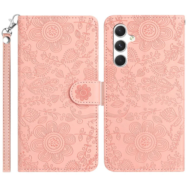 For Samsung Galaxy A16 5G / 4G Case Flower Imprint Leather Flip Wallet Phone Cover with Wrist Strap - Pink