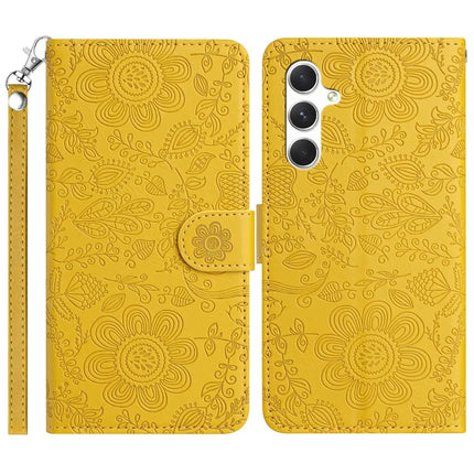 For Samsung Galaxy A16 5G / 4G Case Flower Imprint Leather Flip Wallet Phone Cover with Wrist Strap - Yellow