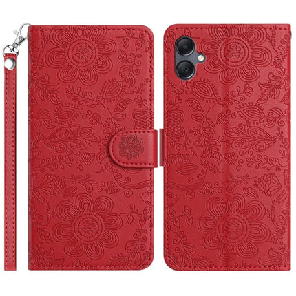 For Samsung Galaxy A06 Case Flower Imprint Leather Flip Wallet Phone Cover with Wrist Strap - Red