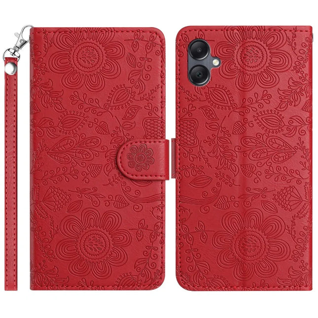 For Samsung Galaxy A06 Case Flower Imprint Leather Flip Wallet Phone Cover with Wrist Strap - Red