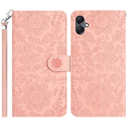 For Samsung Galaxy A06 Case Flower Imprint Leather Flip Wallet Phone Cover with Wrist Strap - Pink