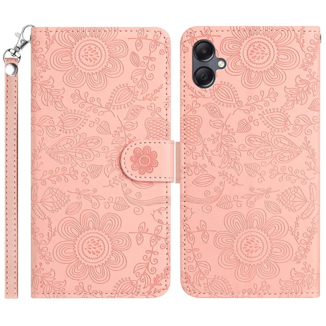 For Samsung Galaxy A06 Case Flower Imprint Leather Flip Wallet Phone Cover with Wrist Strap - Pink