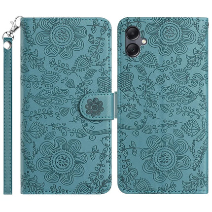 For Samsung Galaxy A06 Case Flower Imprint Leather Flip Wallet Phone Cover with Wrist Strap - Blackish Green