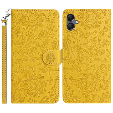 For Samsung Galaxy A06 Case Flower Imprint Leather Flip Wallet Phone Cover with Wrist Strap - Yellow