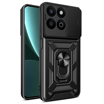 For Honor X7c 4G / 200 Smart 5G Case with Slide Camera Lid PC+TPU Kickstand Phone Cover - Black