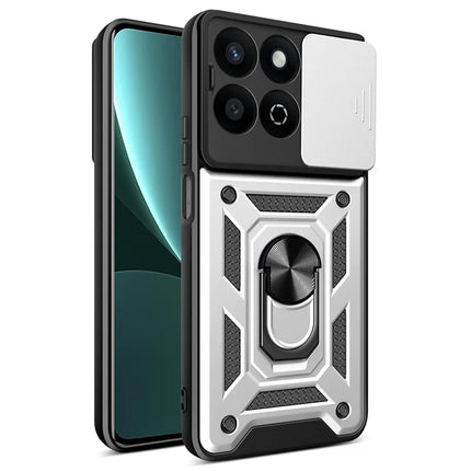 For Honor X7c 4G / 200 Smart 5G Case with Slide Camera Lid PC+TPU Kickstand Phone Cover - Silver
