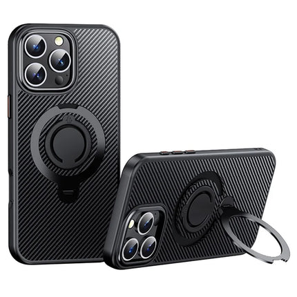 For iPhone 16 Pro Max Case Compatible with MagSafe Kickstand Carbon Fiber Texture PC+TPU Phone Cover with Silicone Ring - Black