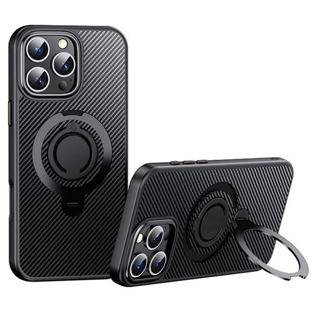 For iPhone 16 Pro Max Case Compatible with MagSafe Kickstand Carbon Fiber Texture PC+TPU Phone Cover with Silicone Ring - Black
