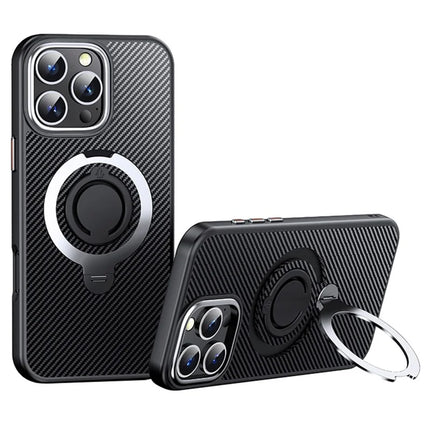 For iPhone 16 Pro Max Case Compatible with MagSafe Kickstand Carbon Fiber Texture PC+TPU Phone Cover with Silicone Ring - Silver