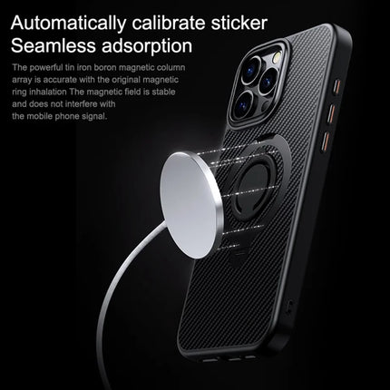 For iPhone 16 Pro Max Case Compatible with MagSafe Kickstand Carbon Fiber Texture PC+TPU Phone Cover with Silicone Ring