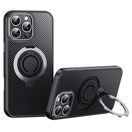 For iPhone 16 Pro Max Case Compatible with MagSafe Kickstand Carbon Fiber Texture PC+TPU Phone Cover with Silicone Ring - Grey