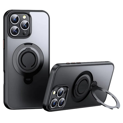 For iPhone 16 Pro Max Case Compatible with MagSafe Kickstand Translucent PC+TPU Phone Cover with Silicone Ring - Black