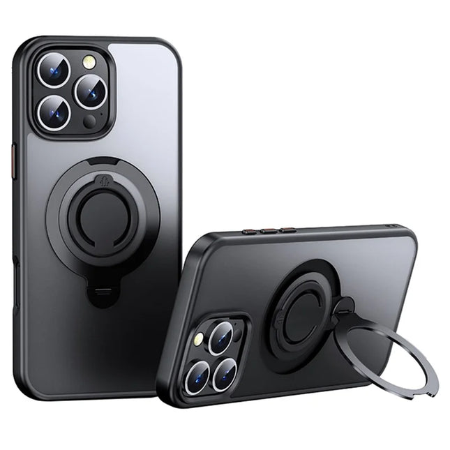 For iPhone 16 Pro Max Case Compatible with MagSafe Kickstand Translucent PC+TPU Phone Cover with Silicone Ring - Black