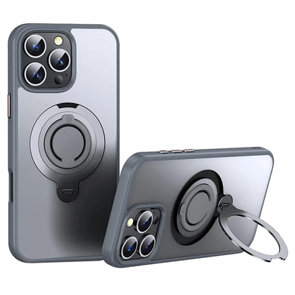 For iPhone 16 Pro Max Case Compatible with MagSafe Kickstand Translucent PC+TPU Phone Cover with Silicone Ring - Grey