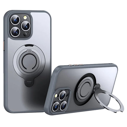For iPhone 15 Pro Max Case Compatible with MagSafe Kickstand Translucent PC+TPU Phone Cover with Silicone Ring - Grey