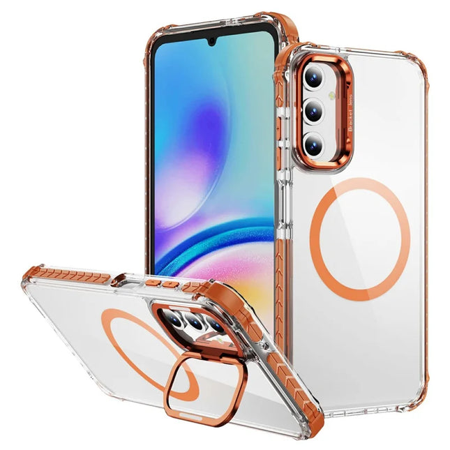 For Samsung Galaxy A55 5G Clear Phone Case with Lens Kickstand Cover Compatible with MagSafe - Orange