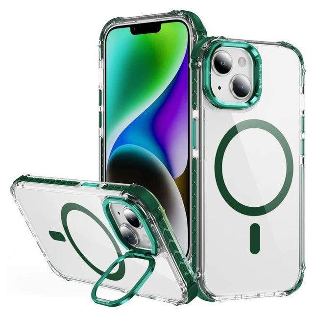 For iPhone 14 / 13 Clear Phone Case with Lens Kickstand Cover Compatible with MagSafe - Green