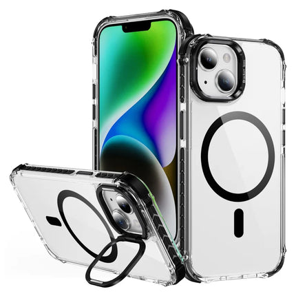 For iPhone 14 / 13 Clear Phone Case with Lens Kickstand Cover Compatible with MagSafe - Black