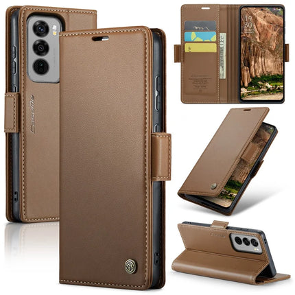 For Oppo Reno12 5G (Global) Case CASEME 023 Series RFID Blocking Glossy Stand Phone Cover - Brown