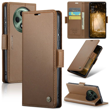 For Oppo Reno12 F 5G Case CASEME 023 Series RFID Blocking Glossy Stand Phone Cover - Brown