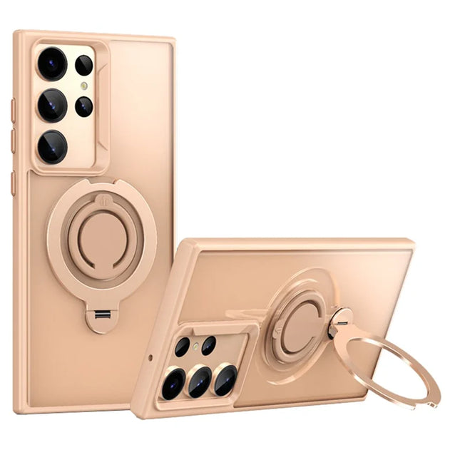 For Samsung Galaxy S23 Ultra Case Compatible with MagSafe Kickstand Matte PC+TPU Phone Cover with Silicone Ring - Gold