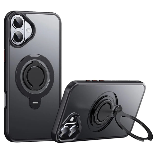For iPhone 16 Plus Case Compatible with MagSafe Kickstand Matte PC+TPU Phone Cover with Silicone Ring - Black