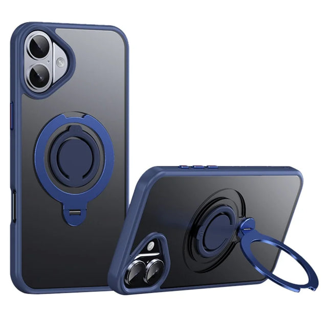For iPhone 16 Plus Case Compatible with MagSafe Kickstand Matte PC+TPU Phone Cover with Silicone Ring - Blue