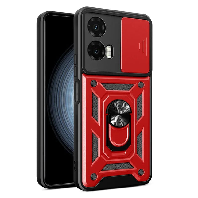 For Motorola Moto G35 5G Case with Slide Camera Lid PC+TPU Kickstand Phone Cover - Red